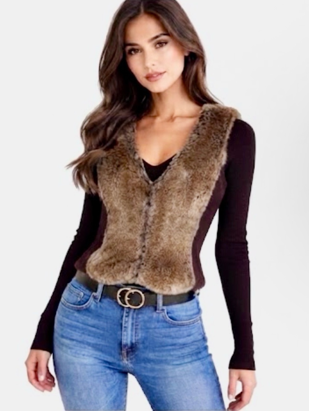 2B Bebe Brown Faux Fur Vest S M/L Ribbed Knit Trim Bohemian Boho